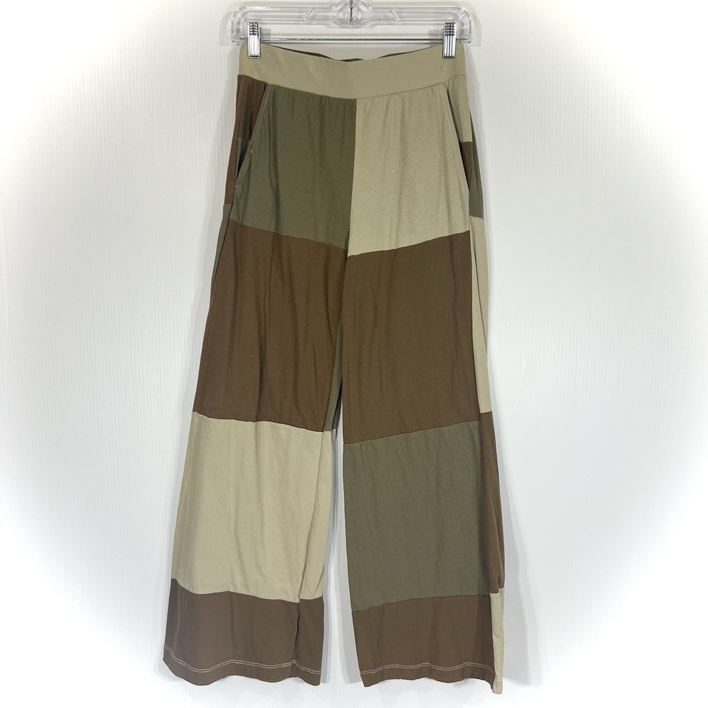 NSF Patchwork Wide Leg Pants Womens Small Brown Beige Boho Pockets Elastic Waist